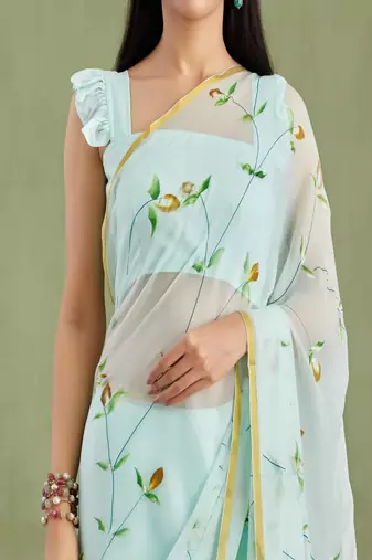   Blue Hand Painted Chiffon Saree