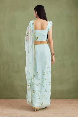   Blue Hand Painted Chiffon Saree 5