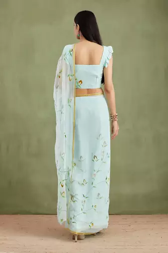   Blue Hand Painted Chiffon Saree
