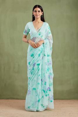 Sea Green Hand Painted Mukaish Chiffon Saree 1