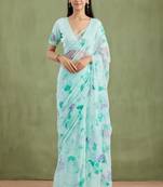 Sea Green Hand Painted Mukaish Chiffon Saree