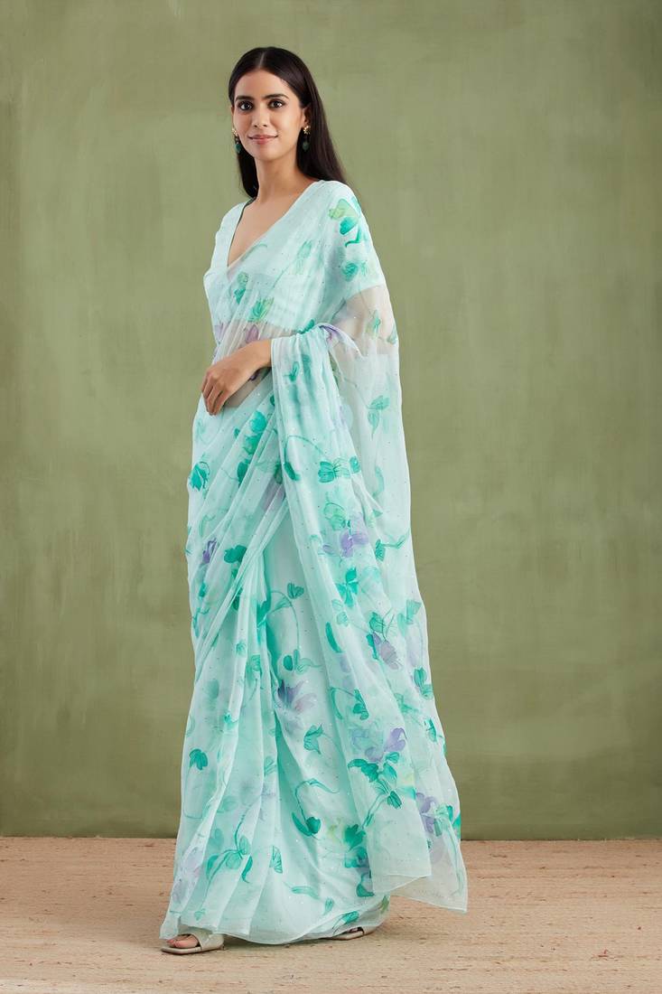Sea Green Hand Painted Mukaish Chiffon Saree