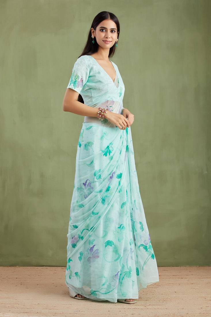Sea Green Hand Painted Mukaish Chiffon Saree