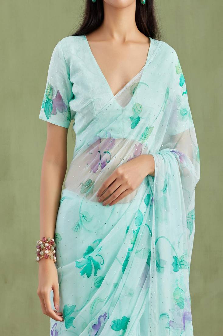 Sea Green Hand Painted Mukaish Chiffon Saree