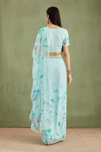 Sea Green Hand Painted Mukaish Chiffon Saree