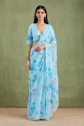 Blue Hand Painted Mukaish Chiffon Saree