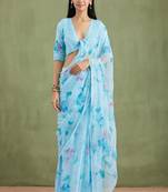 Blue Hand Painted Mukaish Chiffon Saree