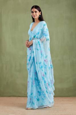 Blue Hand Painted Mukaish Chiffon Saree 2