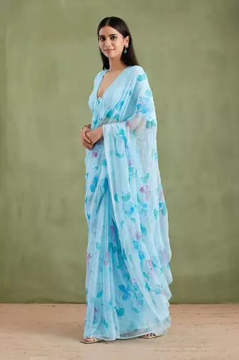 Blue Hand Painted Mukaish Chiffon Saree