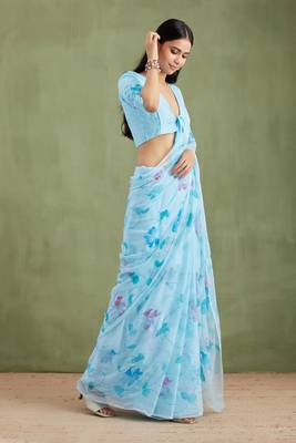 Blue Hand Painted Mukaish Chiffon Saree 3