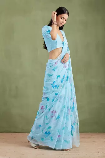 Blue Hand Painted Mukaish Chiffon Saree