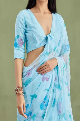 Blue Hand Painted Mukaish Chiffon Saree