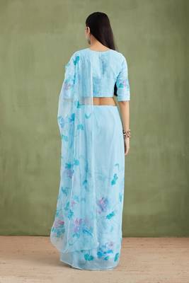 Blue Hand Painted Mukaish Chiffon Saree 5