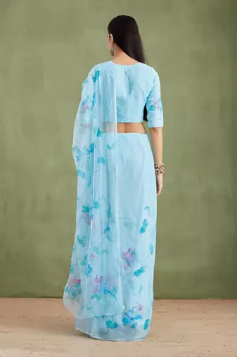 Blue Hand Painted Mukaish Chiffon Saree