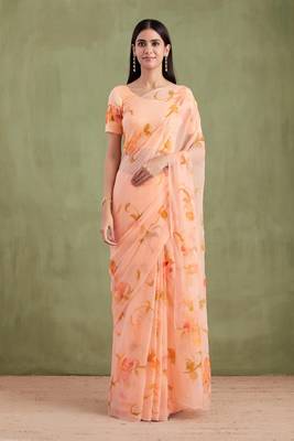 Peach Hand Painted Mukaish Chiffon Saree 1