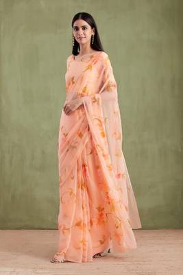 Peach Hand Painted Mukaish Chiffon Saree 2