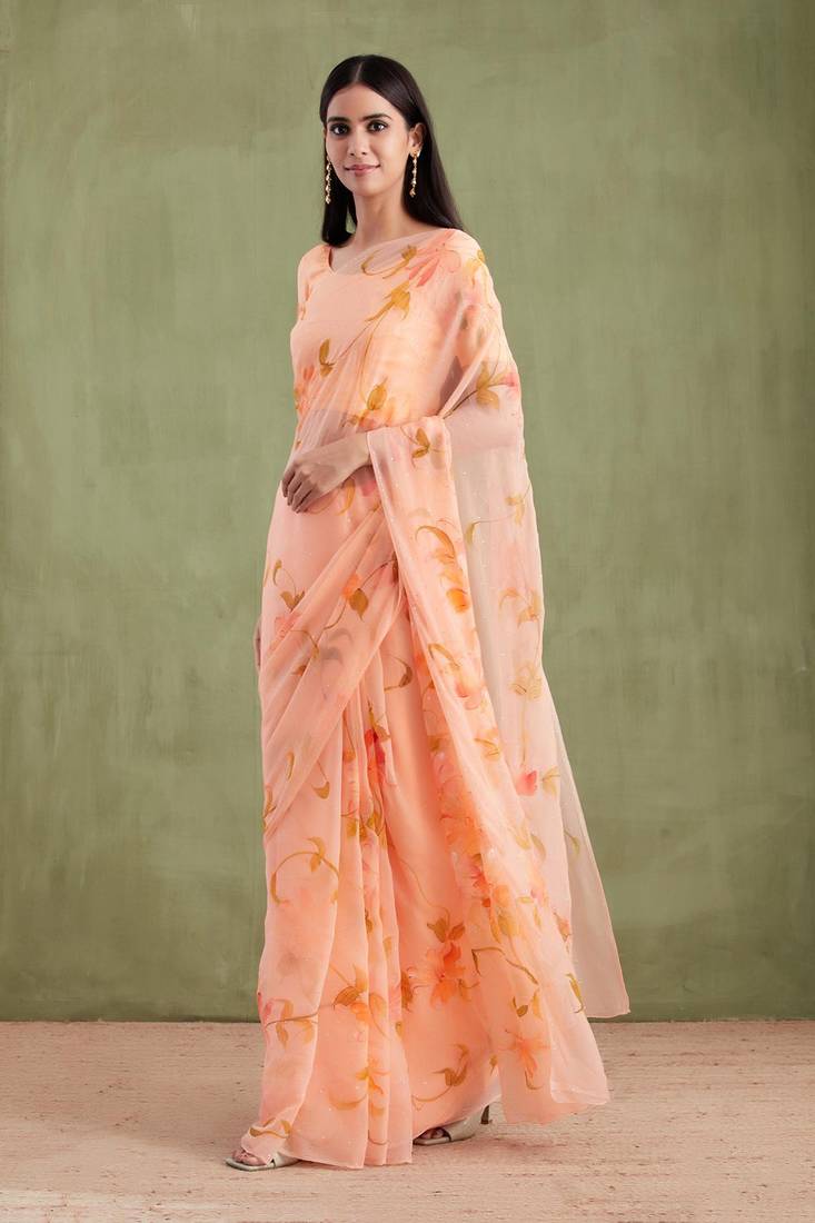 Peach Hand Painted Mukaish Chiffon Saree