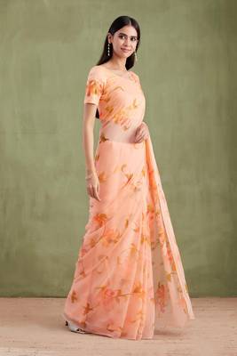 Peach Hand Painted Mukaish Chiffon Saree 3