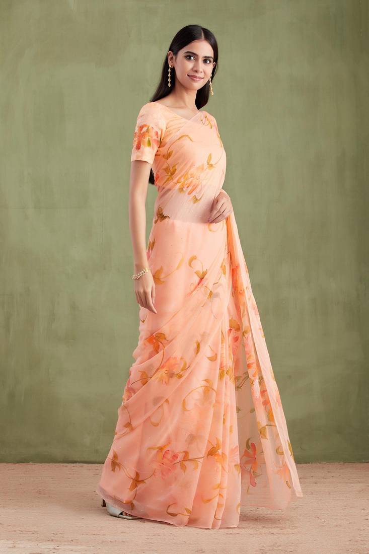 Peach Hand Painted Mukaish Chiffon Saree