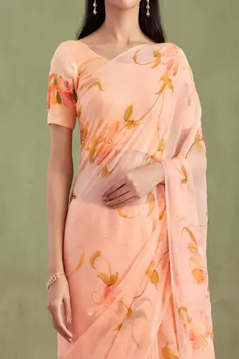 Peach Hand Painted Mukaish Chiffon Saree