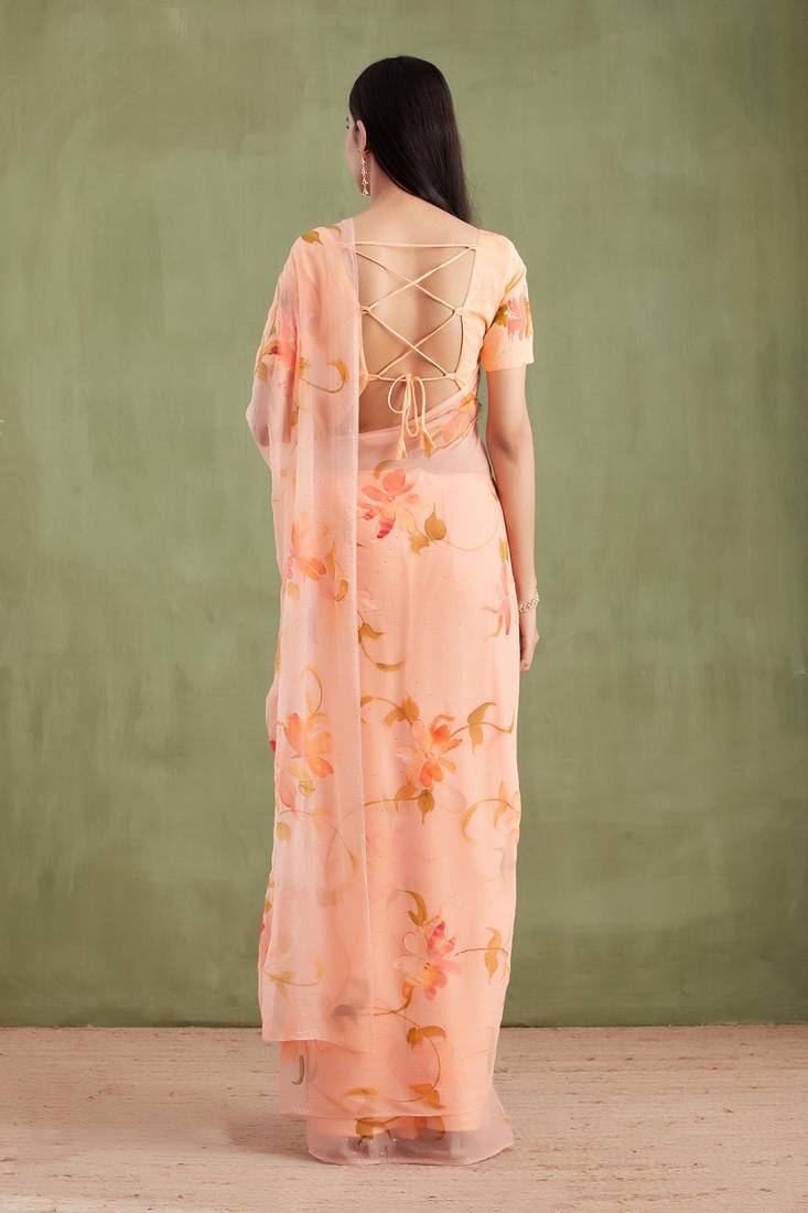Peach Hand Painted Mukaish Chiffon Saree