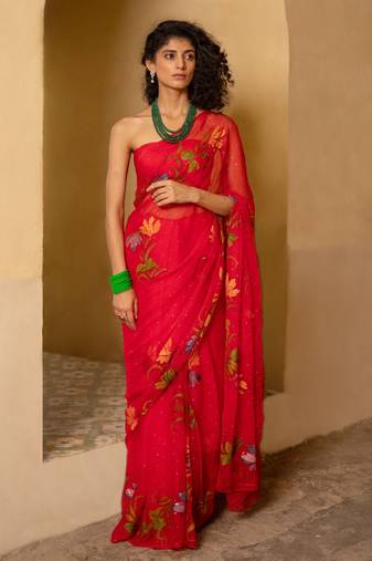 Red Hand Painted Mukaish Chiffon Saree
