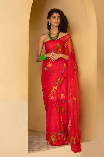 Red Hand Painted Mukaish Chiffon Saree