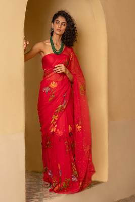 Red Hand Painted Mukaish Chiffon Saree 3