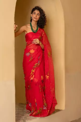 Red Hand Painted Mukaish Chiffon Saree