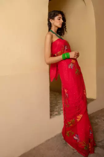 Red Hand Painted Mukaish Chiffon Saree