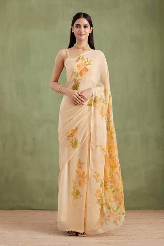 Beige Hand Painted Mukaish Chiffon Saree