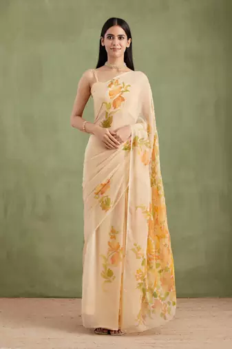 Beige Hand Painted Mukaish Chiffon Saree