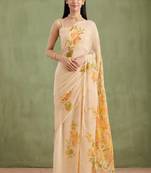Beige Hand Painted Mukaish Chiffon Saree
