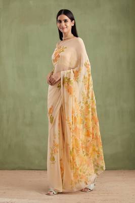 Beige Hand Painted Mukaish Chiffon Saree 2