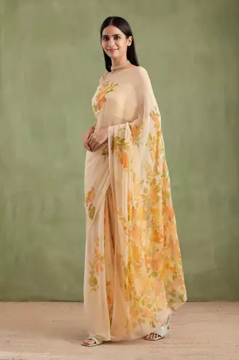 Beige Hand Painted Mukaish Chiffon Saree