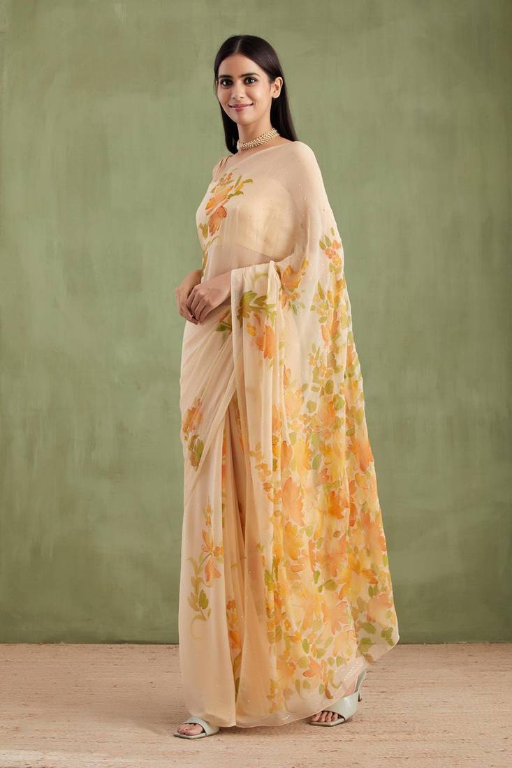 Beige Hand Painted Mukaish Chiffon Saree