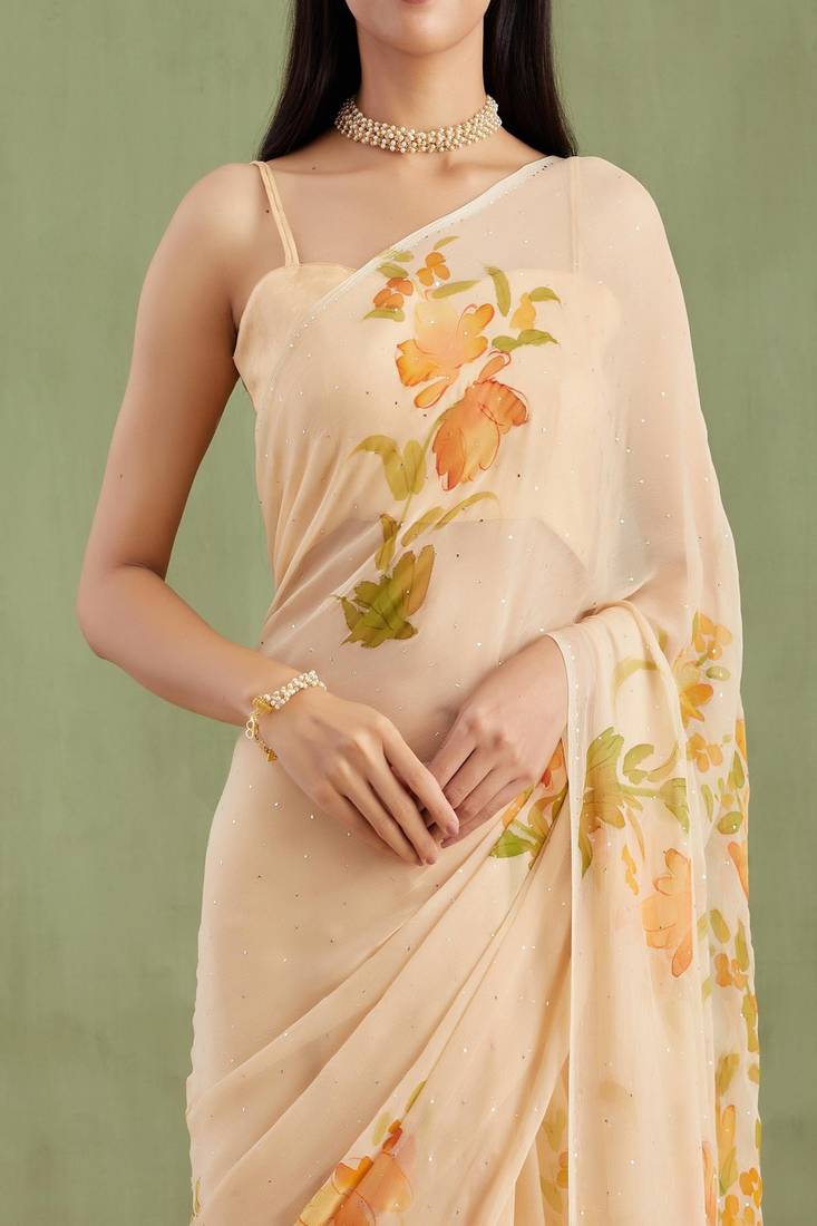 Beige Hand Painted Mukaish Chiffon Saree