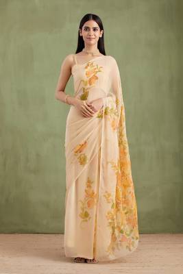 Beige Hand Painted Mukaish Chiffon Saree 5