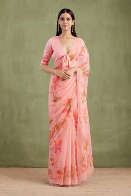 Peach Hand Painted Mukaish Chiffon Saree 1