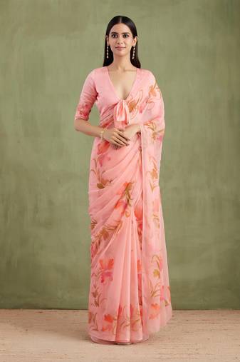 Peach Hand Painted Mukaish Chiffon Saree