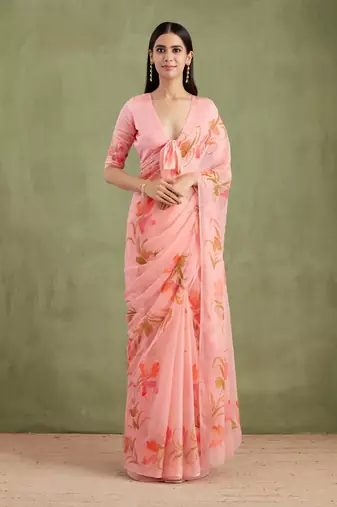 Peach Hand Painted Mukaish Chiffon Saree