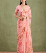 Peach Hand Painted Mukaish Chiffon Saree