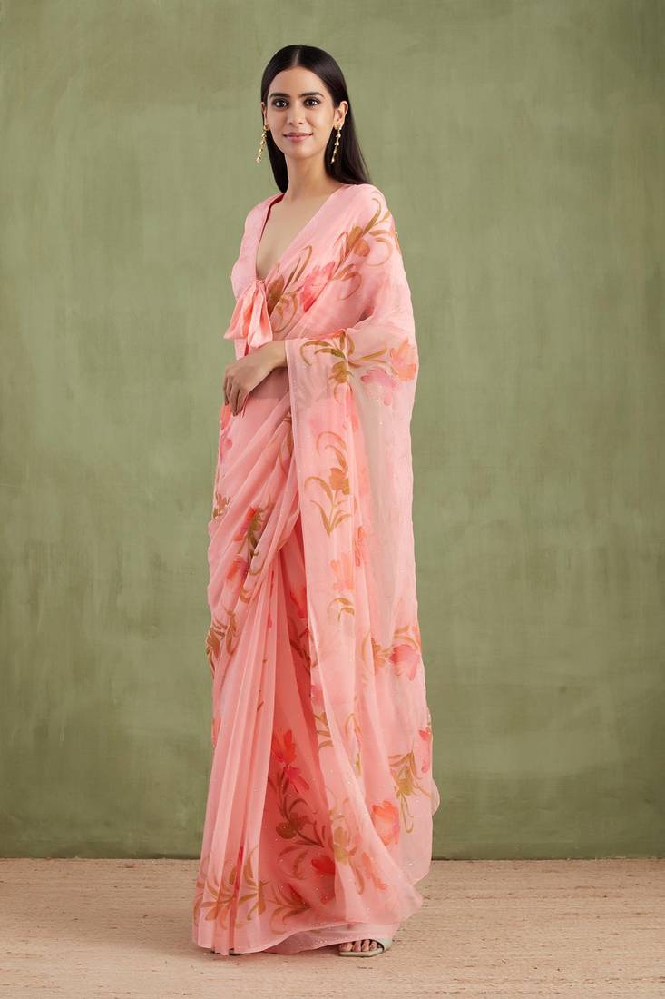 Peach Hand Painted Mukaish Chiffon Saree