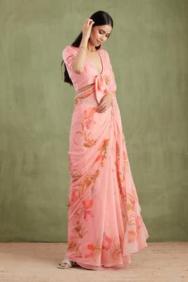Peach Hand Painted Mukaish Chiffon Saree 4