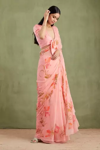 Peach Hand Painted Mukaish Chiffon Saree