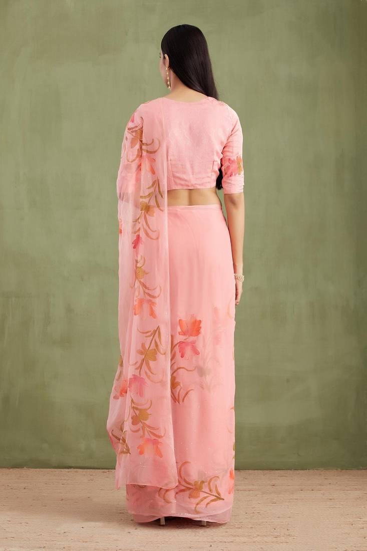 Peach Hand Painted Mukaish Chiffon Saree