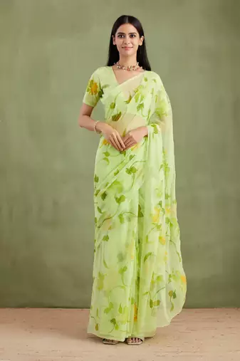 Green Hand Painted Mukaish Chiffon Saree