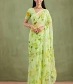 Green Hand Painted Mukaish Chiffon Saree