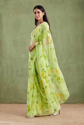 Green Hand Painted Mukaish Chiffon Saree 2