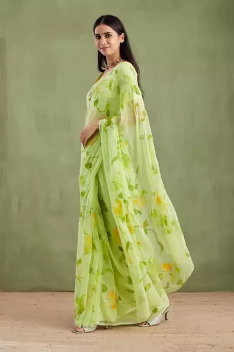 Green Hand Painted Mukaish Chiffon Saree